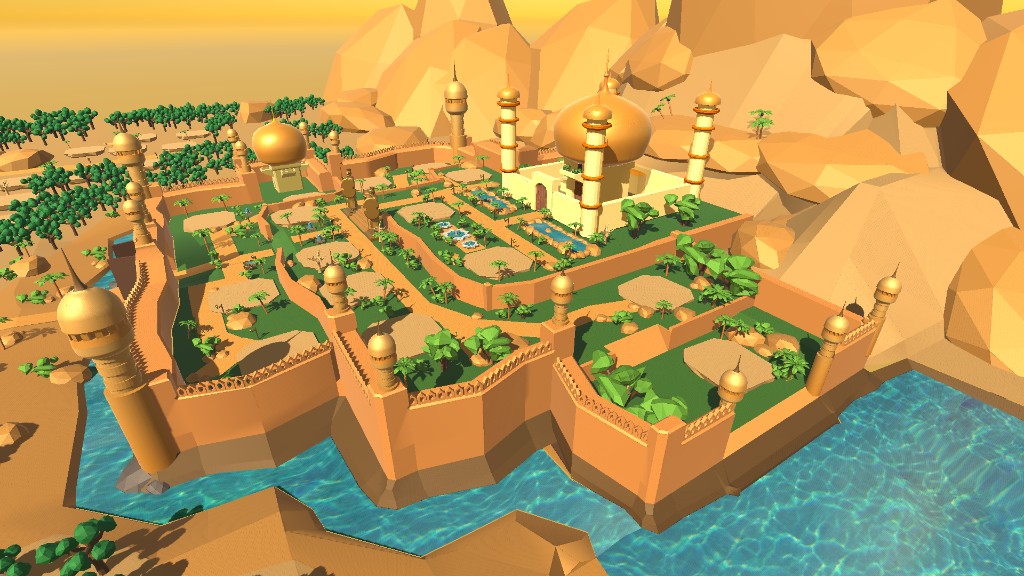 Large-scale strategy — low-poly desert oasis city