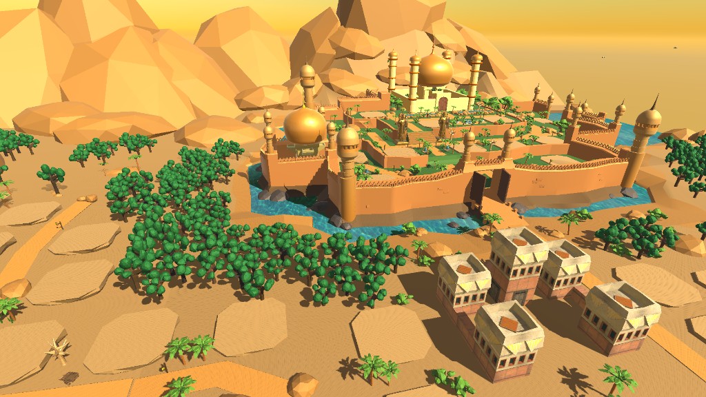 Production scale — low-poly fortress and desert environment